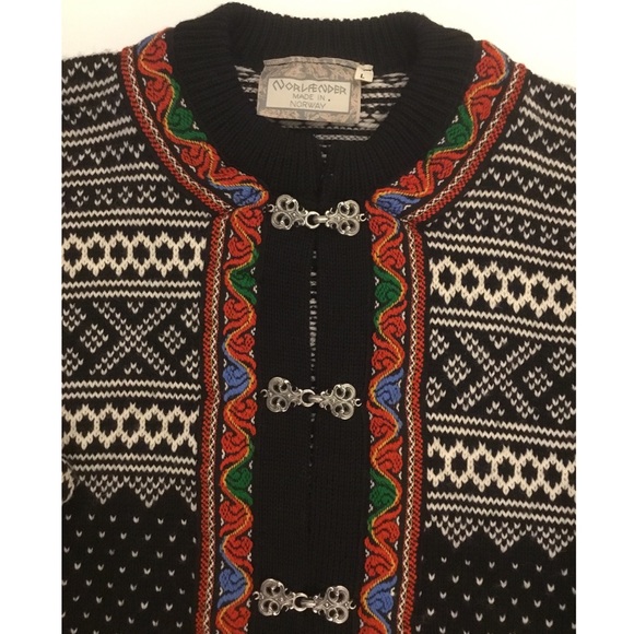 Norlaender - VTG Black/Cream Nordic Style Wool Cardigan Jacket  Sz L Wom… - Picture 7 of 12